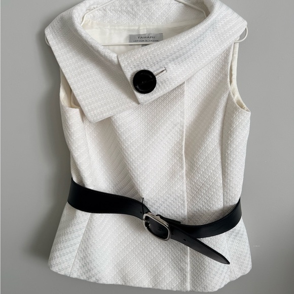 Tahari Tops - Tahari Textured White Top with wide elegant boat neckline and Black Belt.
